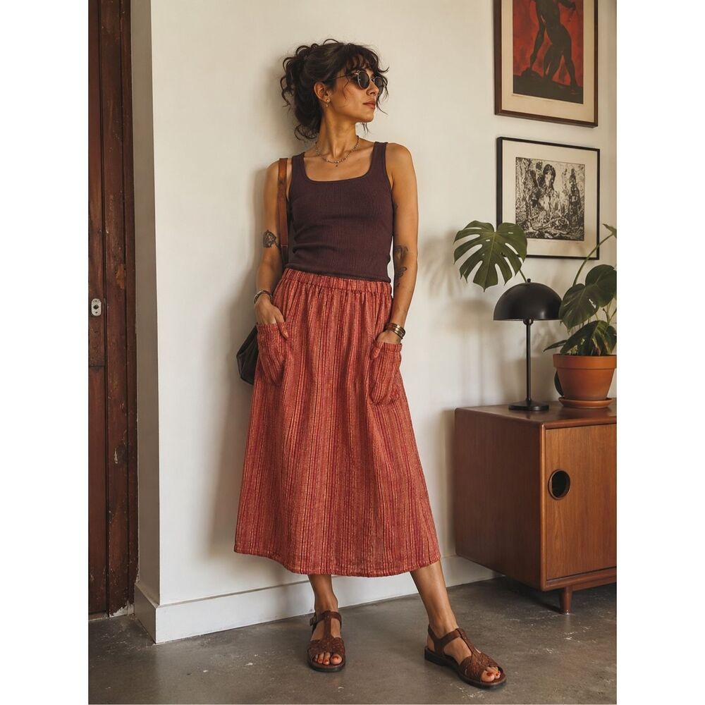 Flax Women’s Multi Red Pink Woven Textured Linen Pocket Maxi Skirt - Picture 1 of 10